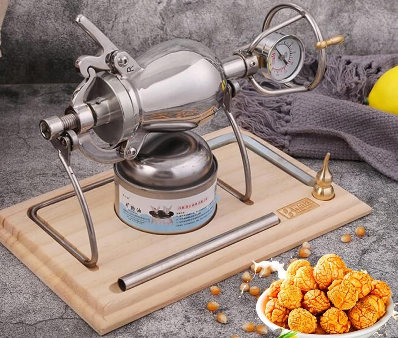 Mini Palomitero Hacer a PresióN, Estilo Retro Palomitera De Acero Inoxidable,Popcorn Maker Con Manivela,Manómetro, Base de madera para el Hogar(Plata,328ml)