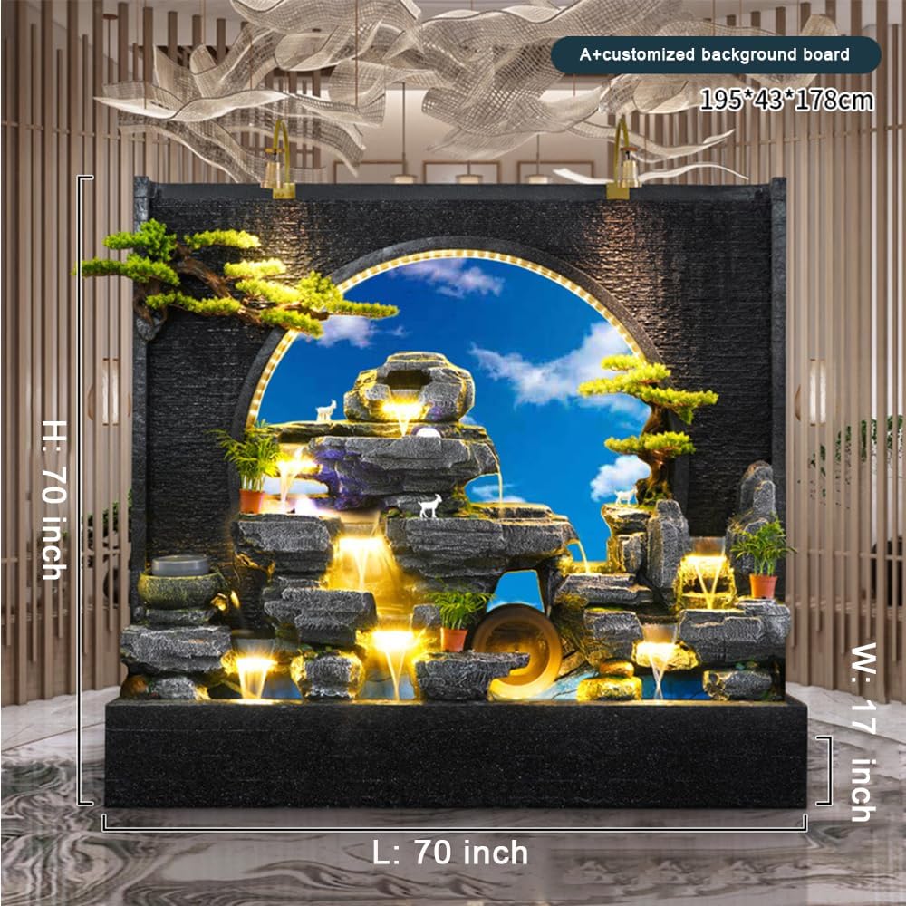 Elegant Multi-Flow Cement Water Fountain with Decorative Plants, LED Lights, and Traditional Aesthetic - Ideal for Indoor and Outdoor Spaces, 77 inch Long, 71 inch Tall