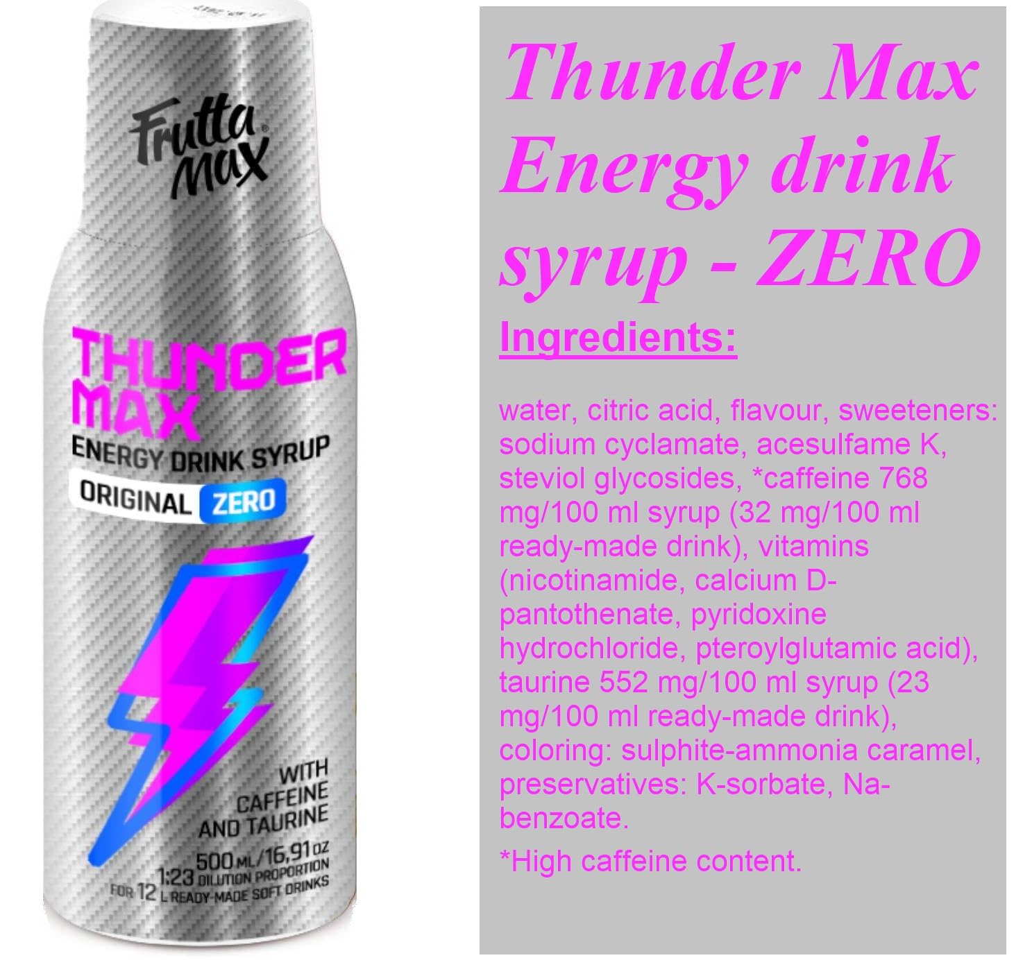 8 paquetes - FruttaMax - Energy Drink Syrup Concentrate | Less Sugar | Suitable for soda Machine (8x500ml) (8xThunderMax ZERO)