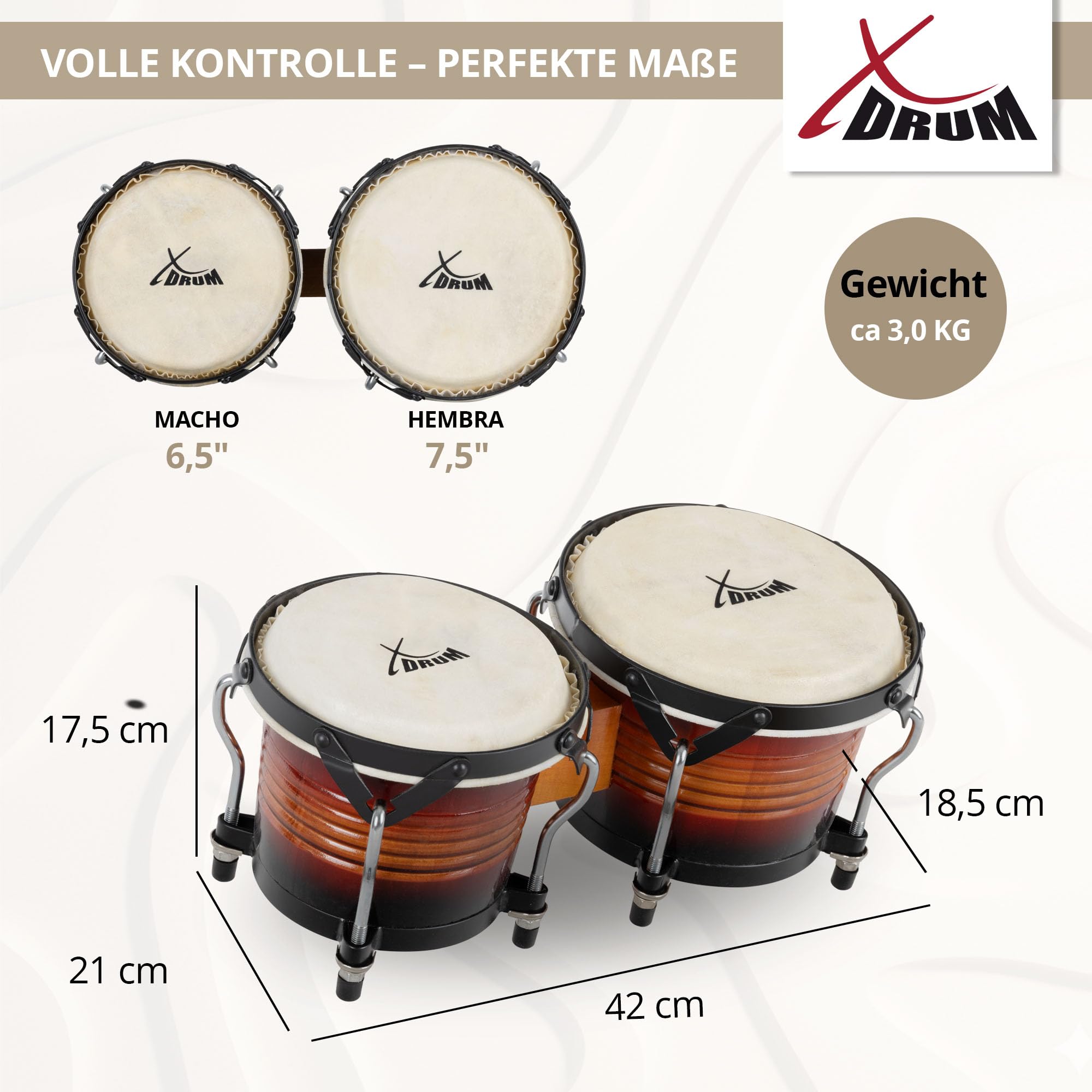 XDrum Bongos Pro Vintage Sunburst - 2 Trommeln mit 6,5" (17 cm) und 7,5" (20 cm) Durchmesser - Bongotrommeln mit stimmbaren Naturfellen, Stimmschlüssel und Ständer - Holztrommeln Rotbraun