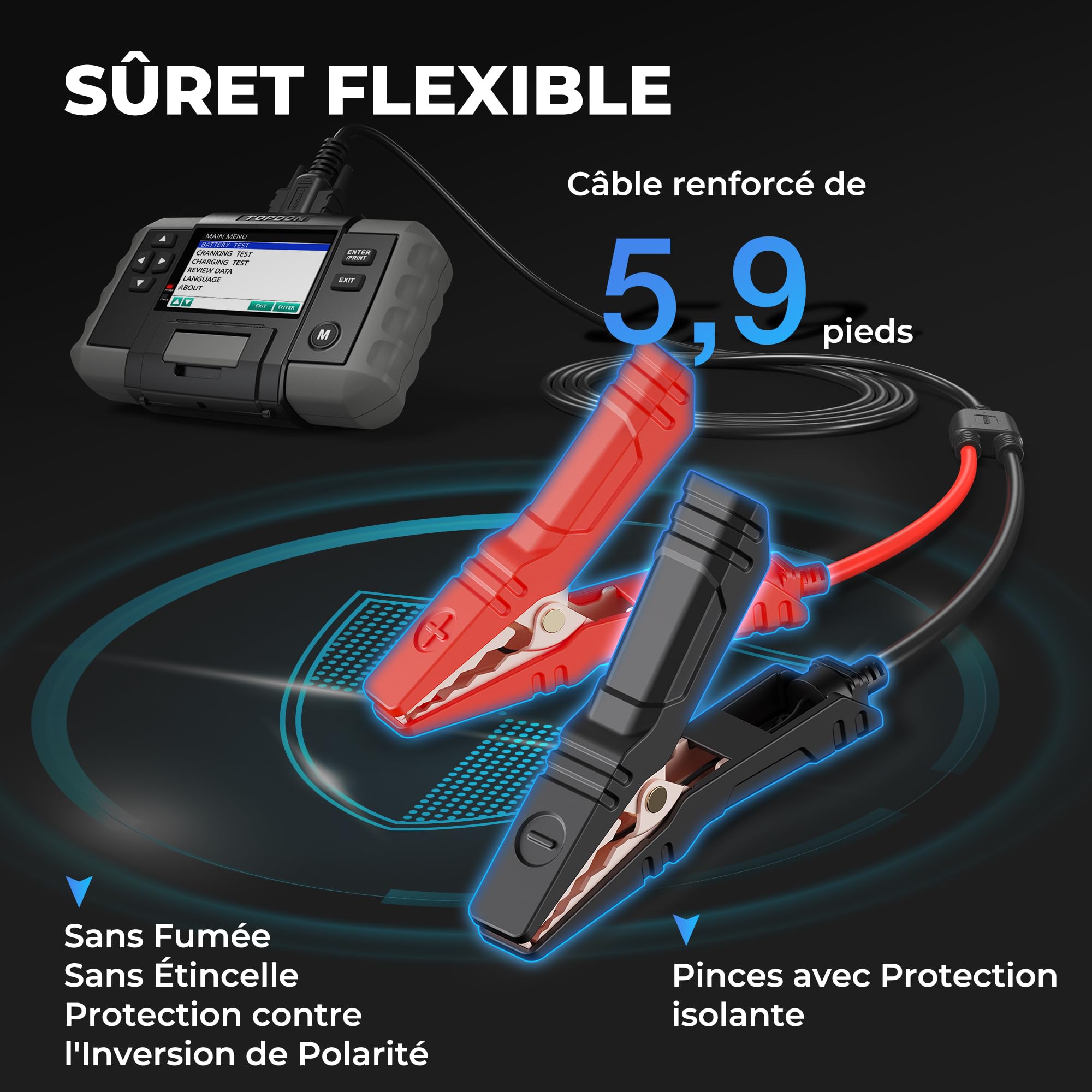 TOPDON Testeur de batterie BT600, 12V 24V Testeur Batterie Voiture kfz avec imprimante 100 à 2000 CCA écran couleur de 3,5 pouces câble de 5,9 pieds, mini USB pour les mises à jour logicielles