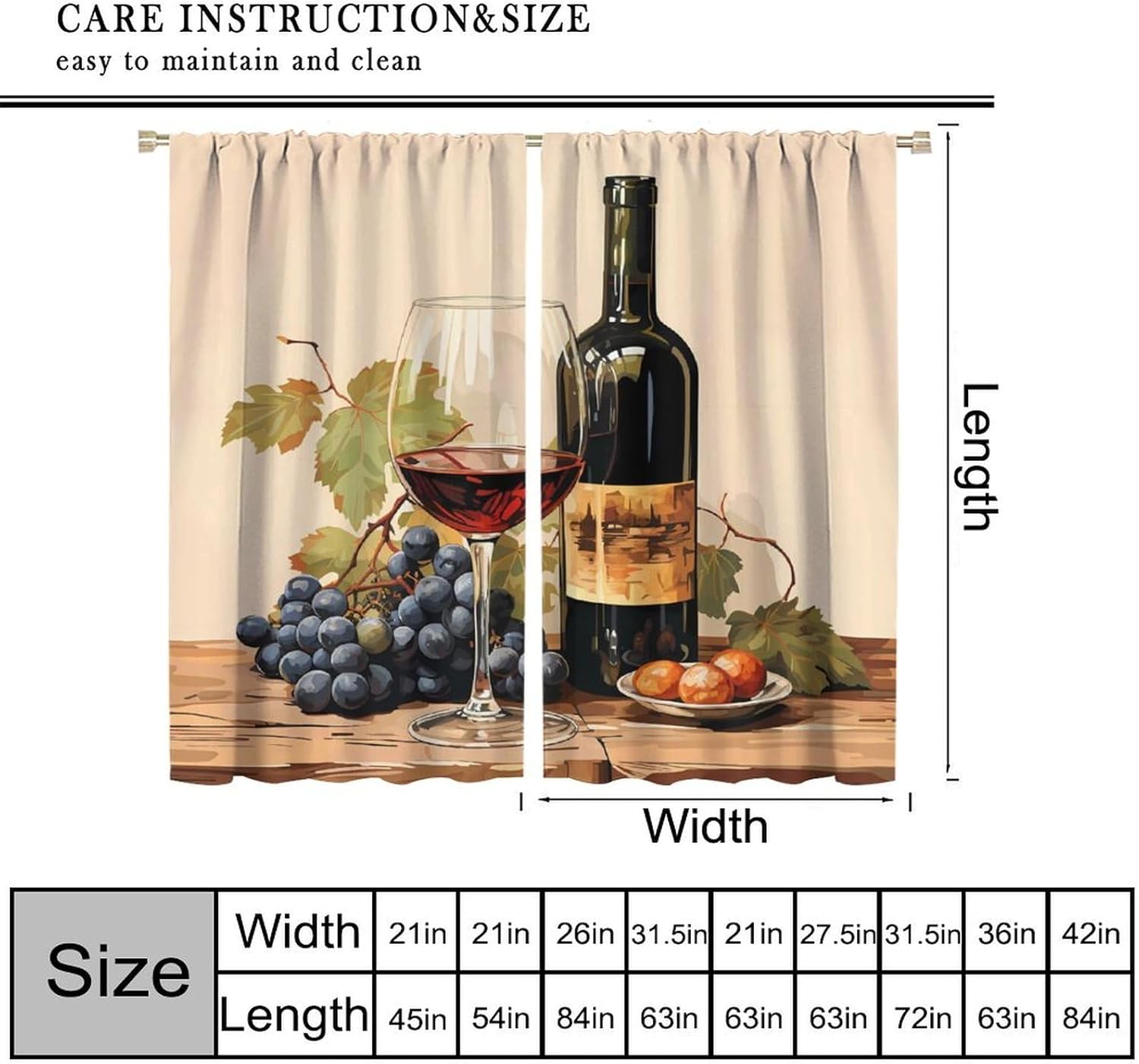 Rustic Red Wine Kitchen Curtains,Vintage Farmhouse Grape Glass Leaves Fruit Blackout Rod Pocket Window Treatments for Women Men Bedroom Living Restaurant Cafe Ofiice Drapes 42" W X 54" L