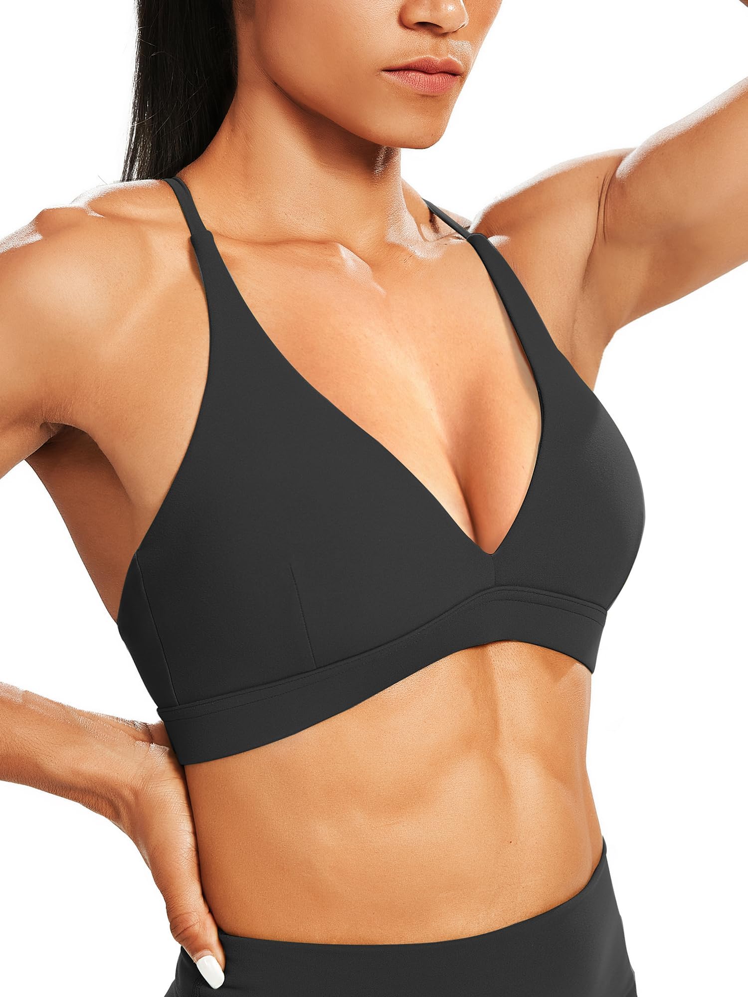 Unthewe Brasier deportivo con cuello en V profundo para mujer, de bajo impacto, espalda cruzada, brasier de yoga con relleno