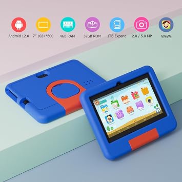 Kids Tablet, 7 inch Android Tablet for Kids, 4GB RAM 32GB ROM 1TB Expand, Toddler Tablets with Parental Control, IPS Screen, Dual Camera, Educational, Games, Shockproof Case for Boys/Girls (Blue)