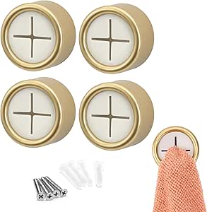 S&amp;T INC. Round Adhesive Push Towel Hooks for Kitchen, Hand and Dish Towels, Brushed Gold, 4 Pack