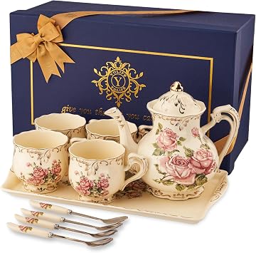 YOLIFE Porcelain Tea Set, Ivory Vintage Pink Rose Teaset | 4 Teacups, 1 Teapot, 4 Teaspoons and Serving Tray, Gifts for Tea Party, Birthday, Mom, Adults, Women, Wedding