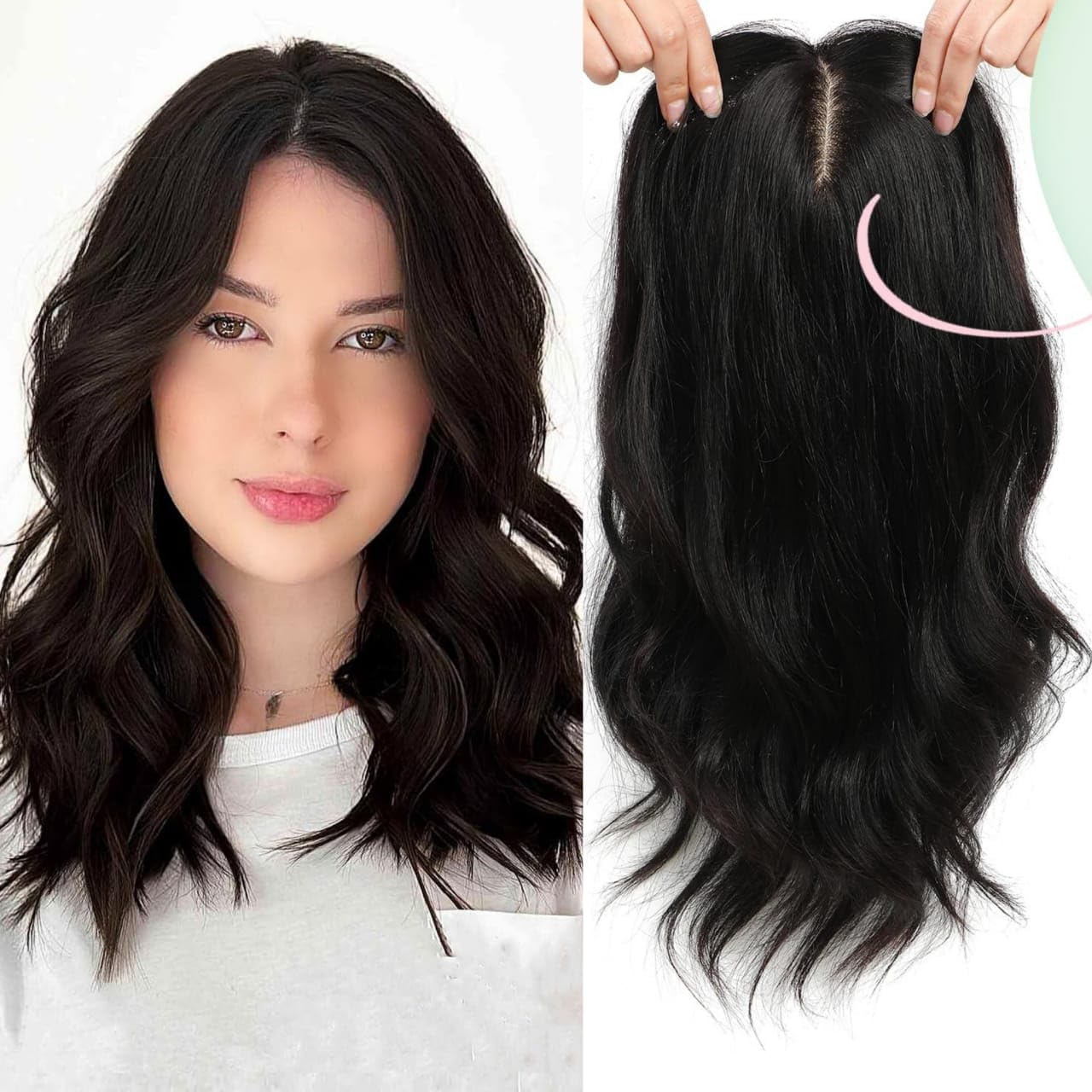 100% Kanekalon Wavy Curly Middle Part Hair Topper, 4" x 4" Silk Base, 4 Clip in Wavy Curly Style for Thinning Hair,14 Inches Long, (Black)