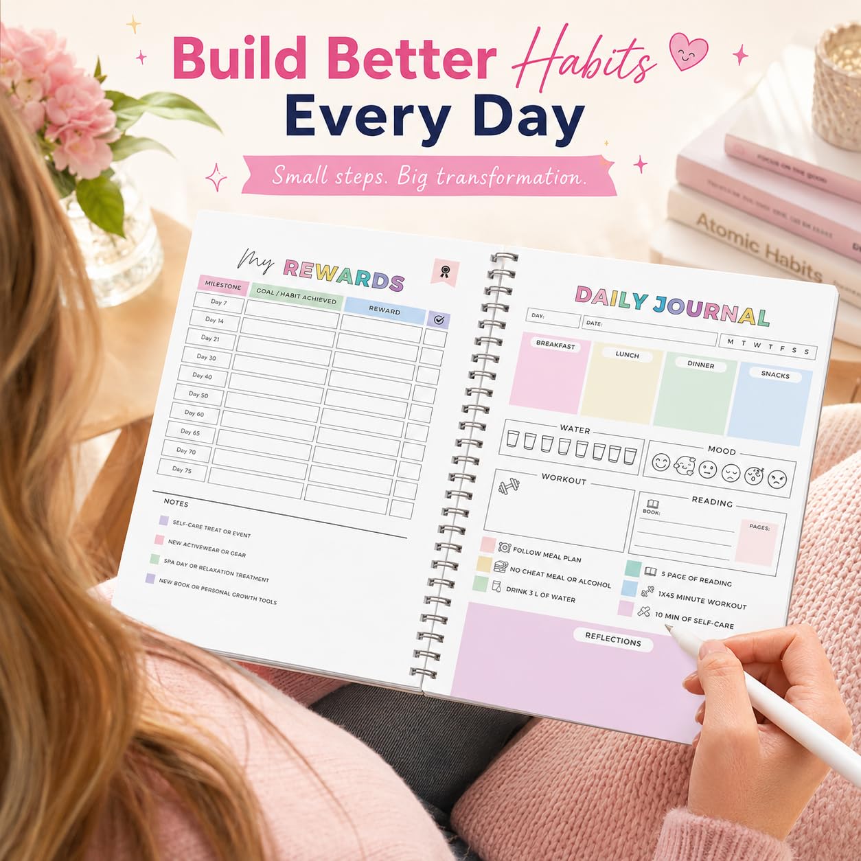 75 Soft Challenge Planner da donna, formato A4, spirale 75 Soft Challenge Journal, libro sfide morbido da 75 giorni con copertina impermeabile in PVC, tracker giornaliero delle sfide morbide 75