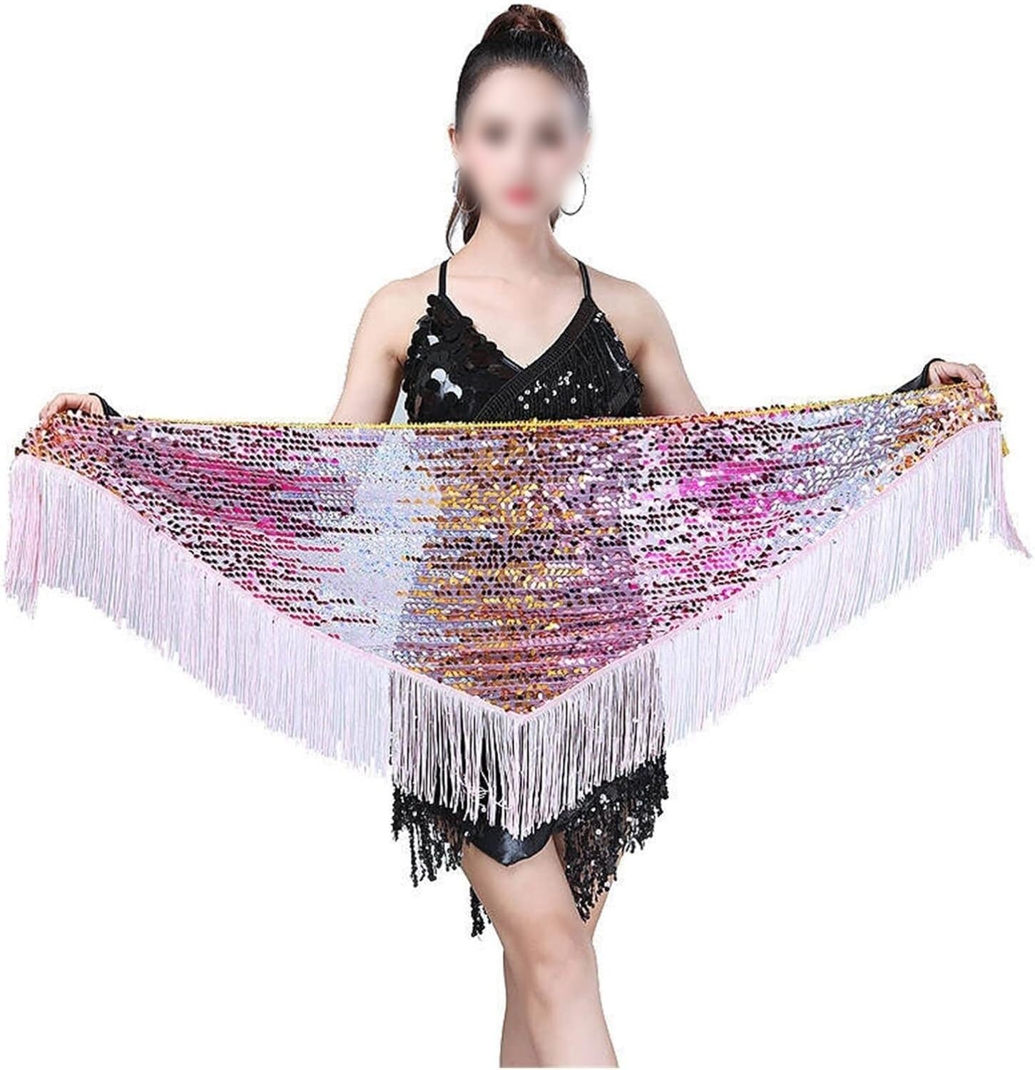 Écharpe de hanche paillettes blanche style triangulaire avec chaîne de taille à pompon