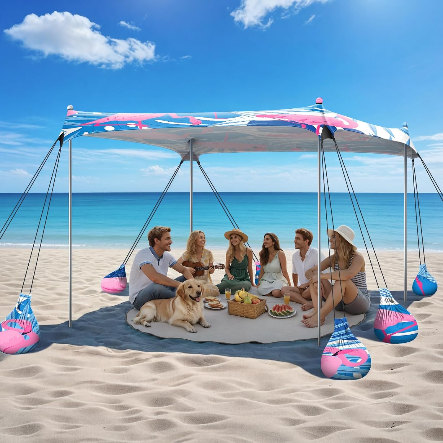 Raynesys Beach Tent Sun Shelter, UPF50+ Tents Canopy with 8 Sandbags & 4 Stability Poles, 10 x 10 FT Beach Canopy Tent Sun Shade, Outdoor Tents for Camping Fishing, Flamingo