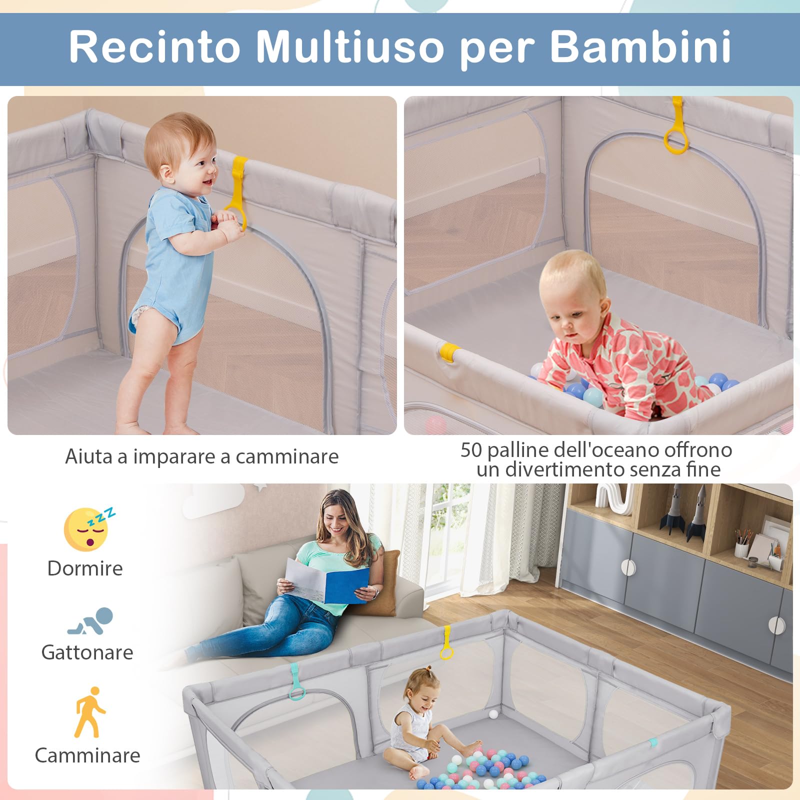RELAX4LIFE Recinto Bambini con Base a Ventosa,Box Giochi, 4 Anelli e 50 Palline, 2 Entrate Laterali, Tasca Portaoggetti e Borsa Trasporto, Rete Traspirante (Grigio Chiaro, 189 x 158 cm)