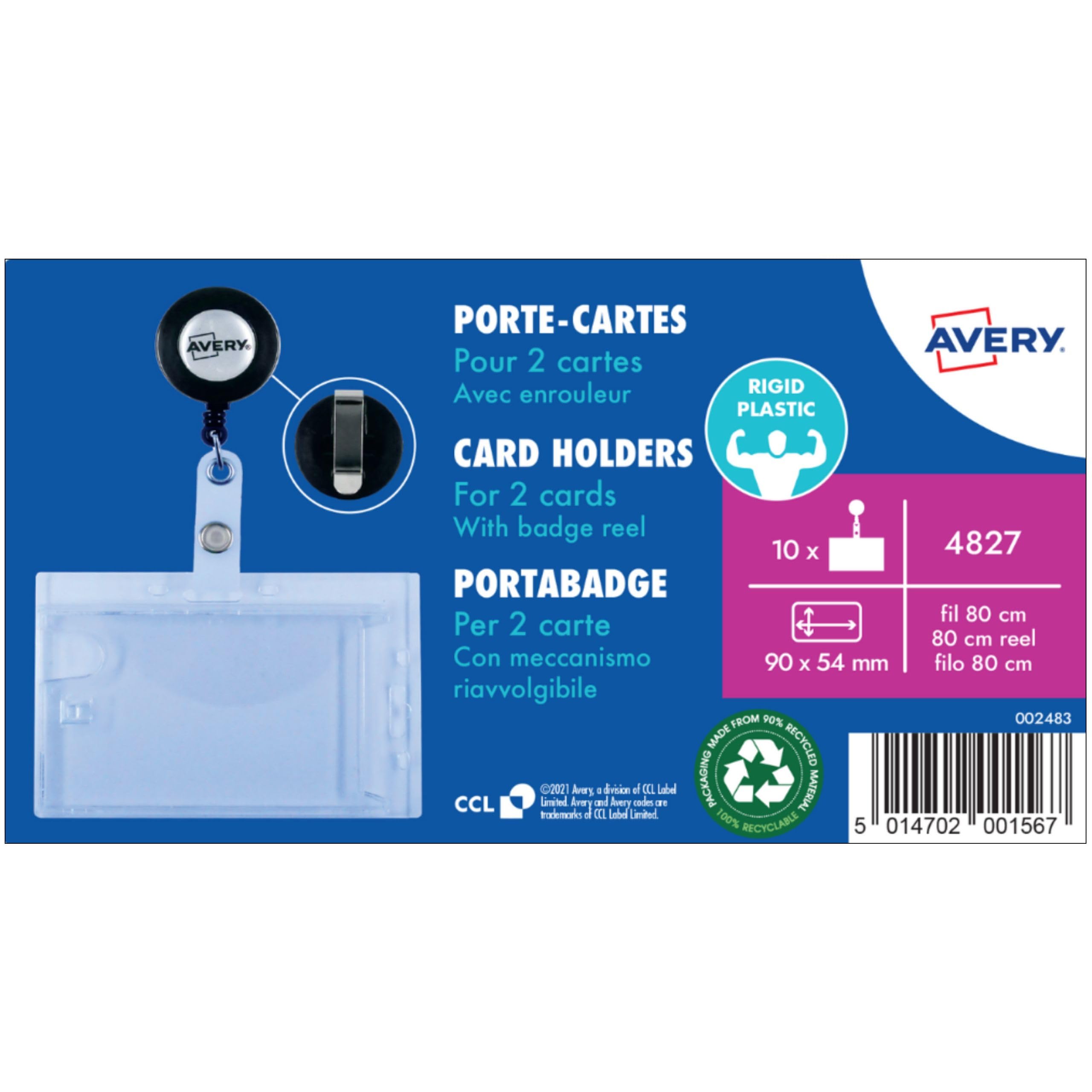 AVERY - Boite de 10 porte-cartes en plastique rigide transparent avec enrouleur, Pour 2 cartes magnétiques, Format 90 x 54 mm, (4827)