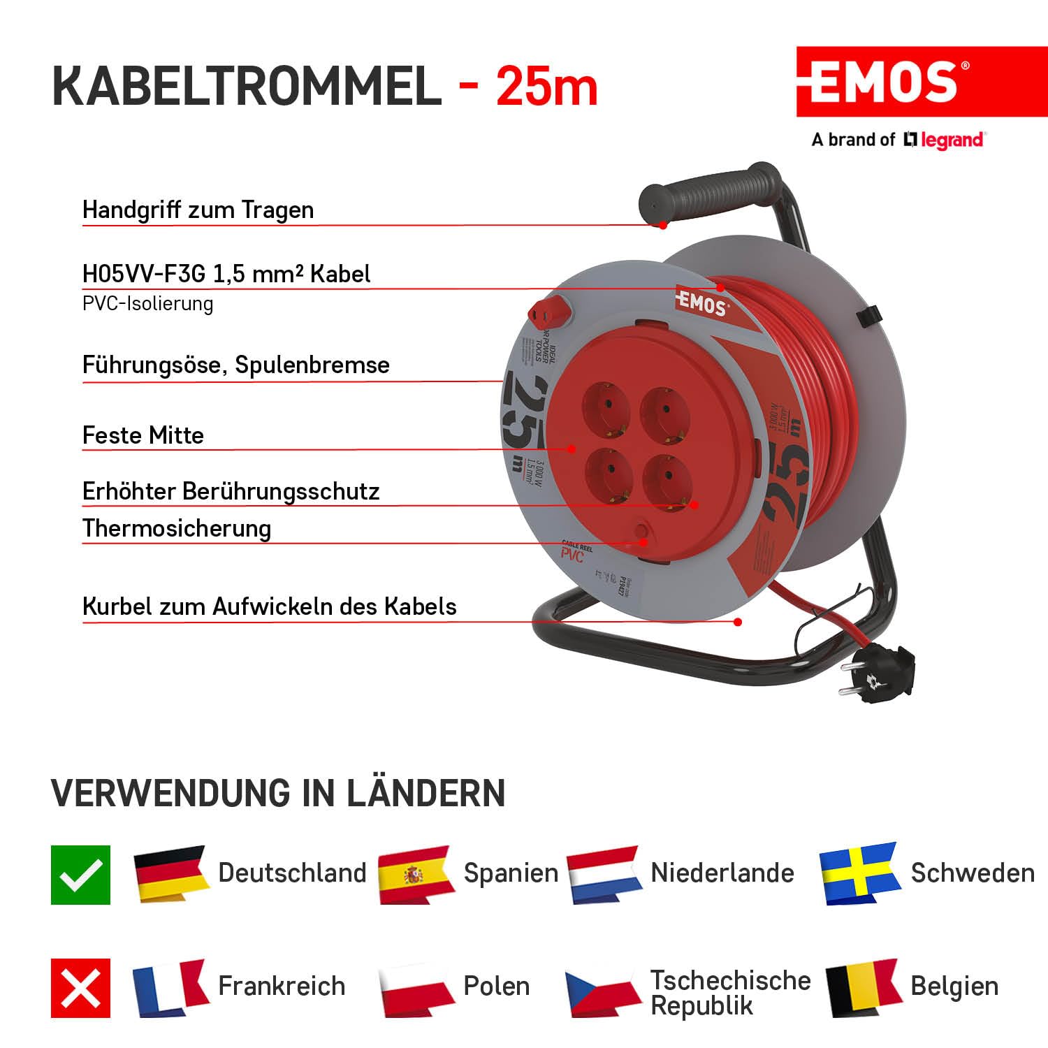 EMOS - Bęben kablowy 25 m ze stałym środkiem - 4 gniazda Schuko - 230 V, 13 A, 3000 W - wysokiej jakości izolacja PCW - H05VV-F3G 1,5 mm2 - zabezpieczenie przed przegrzaniem, hamulec szpułowy - IP20