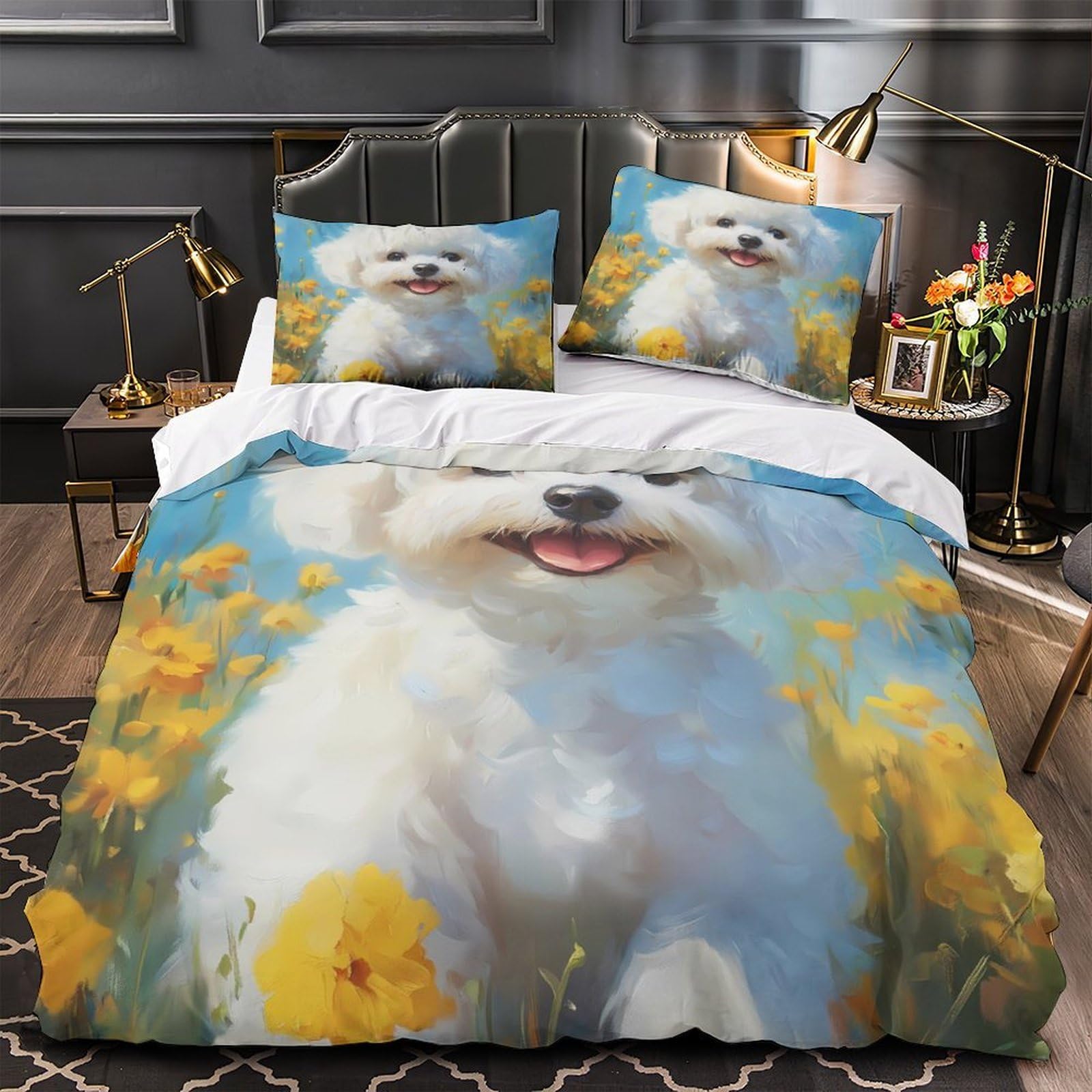 Housse de couette adorable chiot blanc parure lit super douce