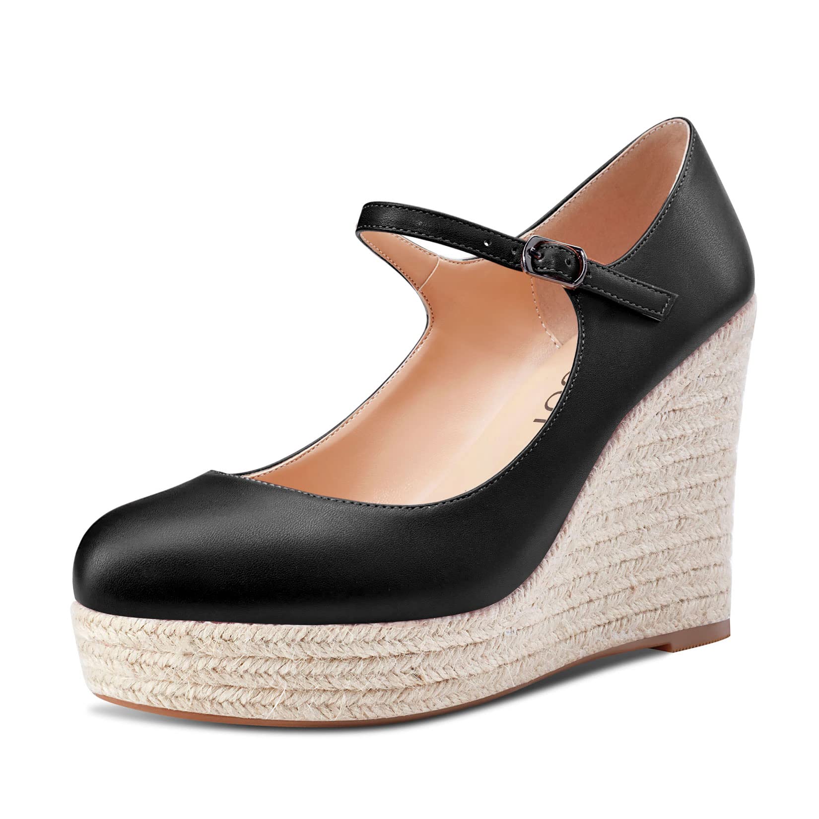 Aachcol Mujer cuña Esparto Plataforma Pumps Redonda Punta Mary Jane Correa Tobillo Chunky Ancho Alto High Heel Dress Zapatos Pumps de Boda Matte 10 CM