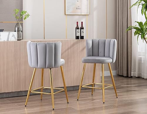 Miniatura 4 de Kmax Juego de 2 taburetes de bar de 26 pulgadas, modernos taburetes de bar de terciopelo con reposapiés dorado, asiento de pétalos para isla de
