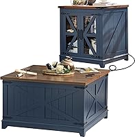 Vista 16 de Juegos de Mesa de Centro Estilo Granja de 3 Piezas, Mesas Auxiliares Grandes con Estación de Carga y Mesa de Centro con Compartimento