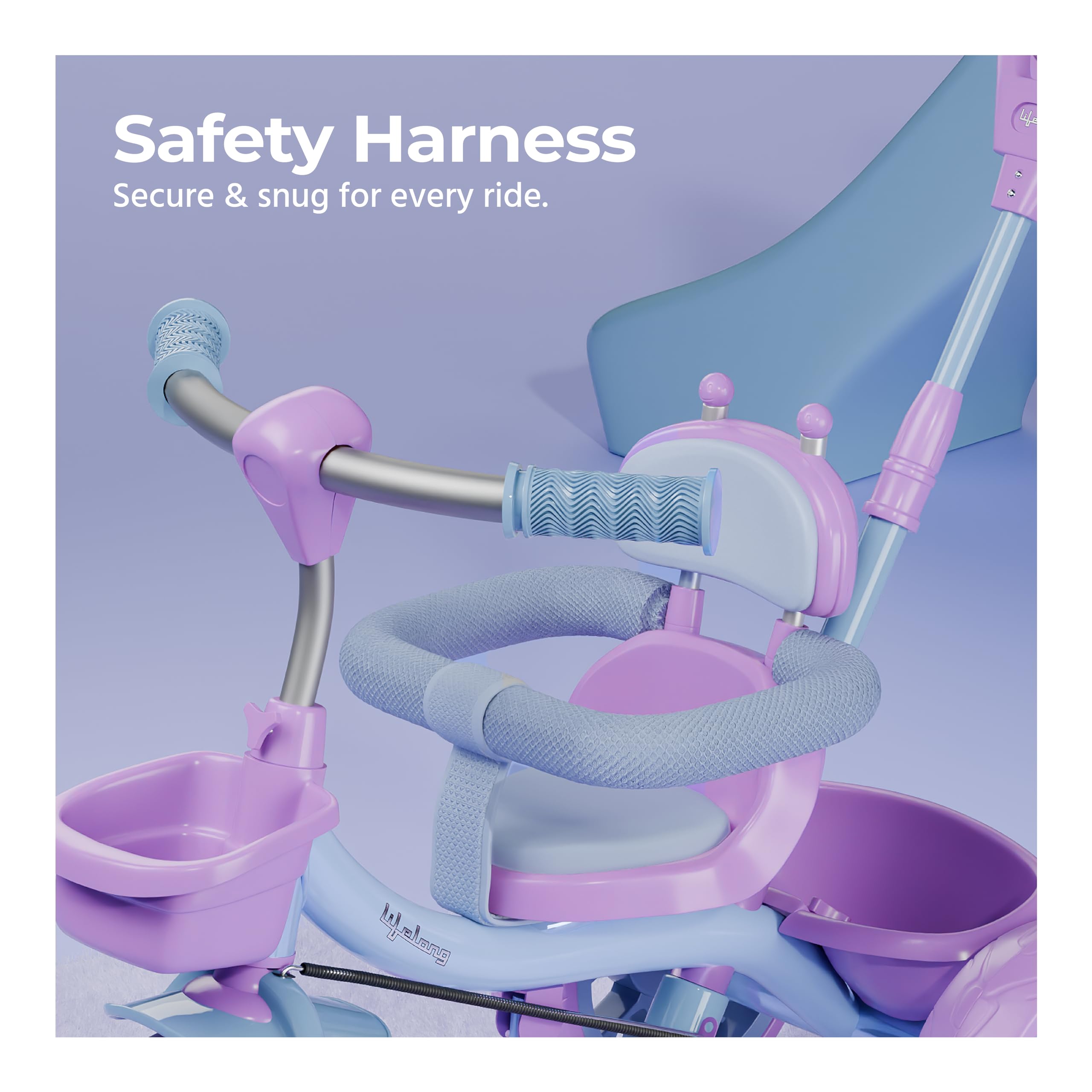 Lifelong Kids Harness Parental Control Tricycle with EVA Wheels, Bell & Storage Basket|Baby Trike|Age Group 1 Years to 4 Years Carrying Capacity Upto 25 kgs, Blue/Lavender - Image 4 thumbnail