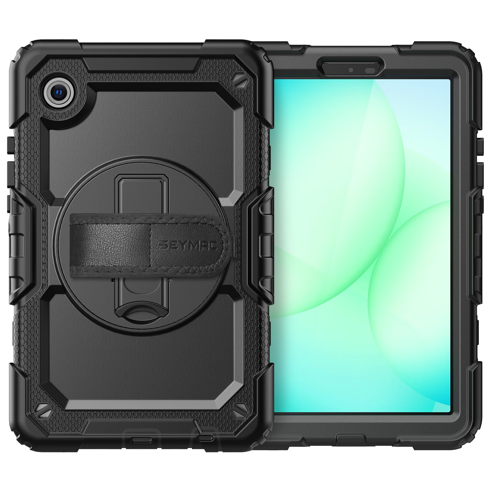 SEYMAC Coque pour Samsung Galaxy Tab A11/A9 8.7 Pouces 2025/2023,Coque Antichoc pour Galaxy A11 avec Protecteur D'écran,Support Rotatif à 360°/Dragonne,Bandoulière,avec Porte-Stylo,Noir