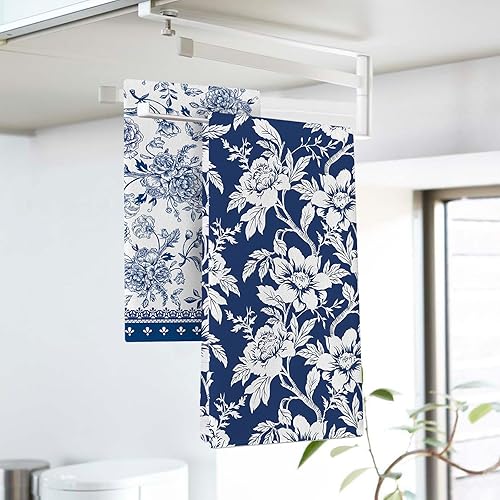 Miniatura 3 de Juego de 2 paños de cocina con flores vintage, toalla de mano retro azul blanco floral secado paño de cocina para primavera, verano, baño, retro