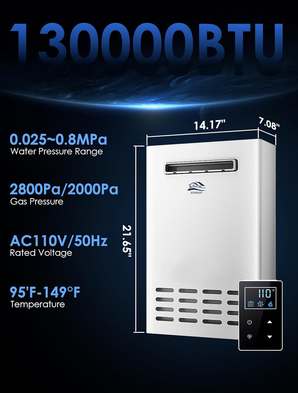 Propane Tankless Water Heater Outdoor, 5.2 GPM 130000 BTU On Demand Hot Water Heater with Remote Control, 110V Residential Instant Propane Waterheater