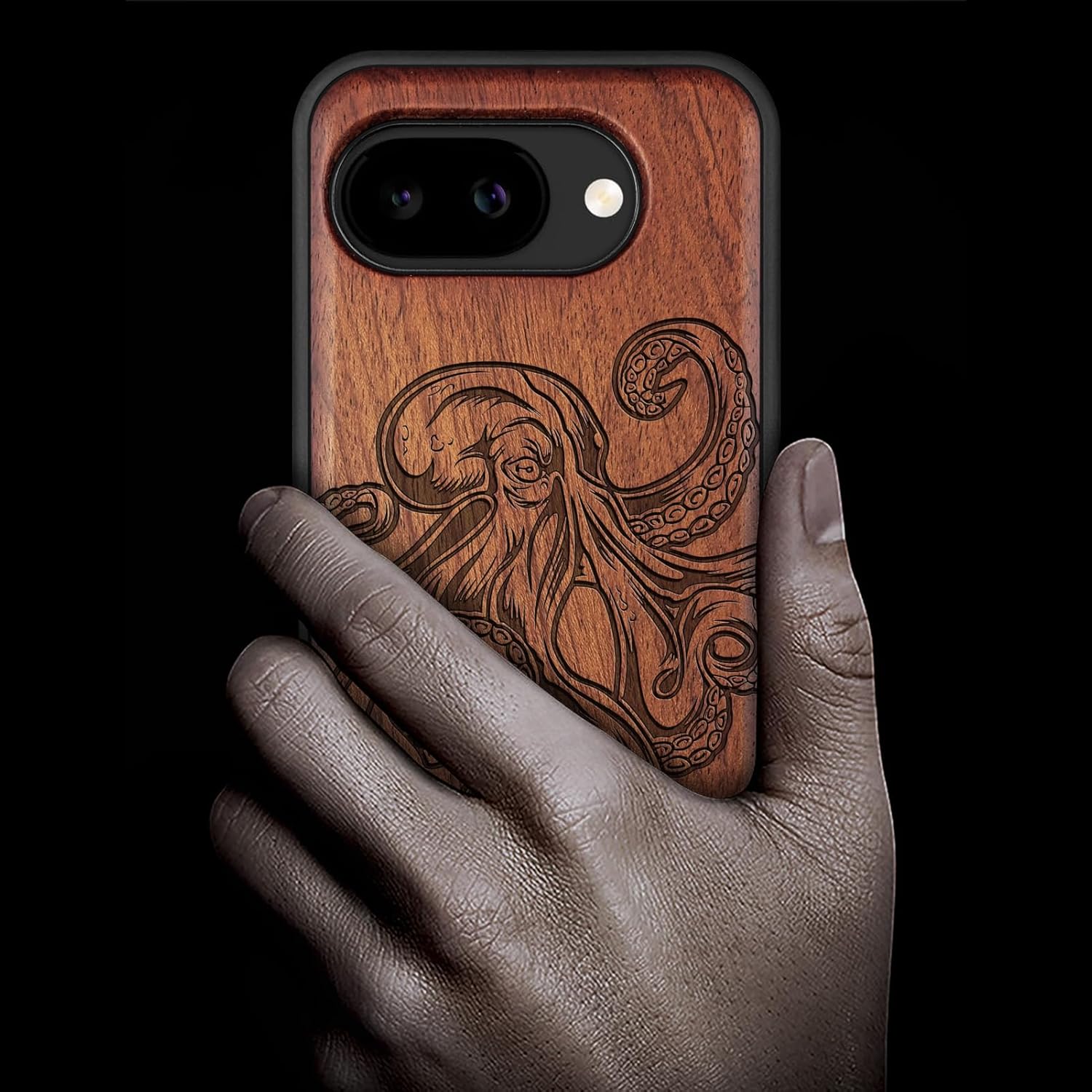 Carveit Magnetic Wooden Case for Google Pixel 10a Case, Wood Artisan Engraved & Soft TPU Shockproof Cover, Compatible with MagSafe Wireless Chargers (Bodybuilding Octopus Illustration) Rosy