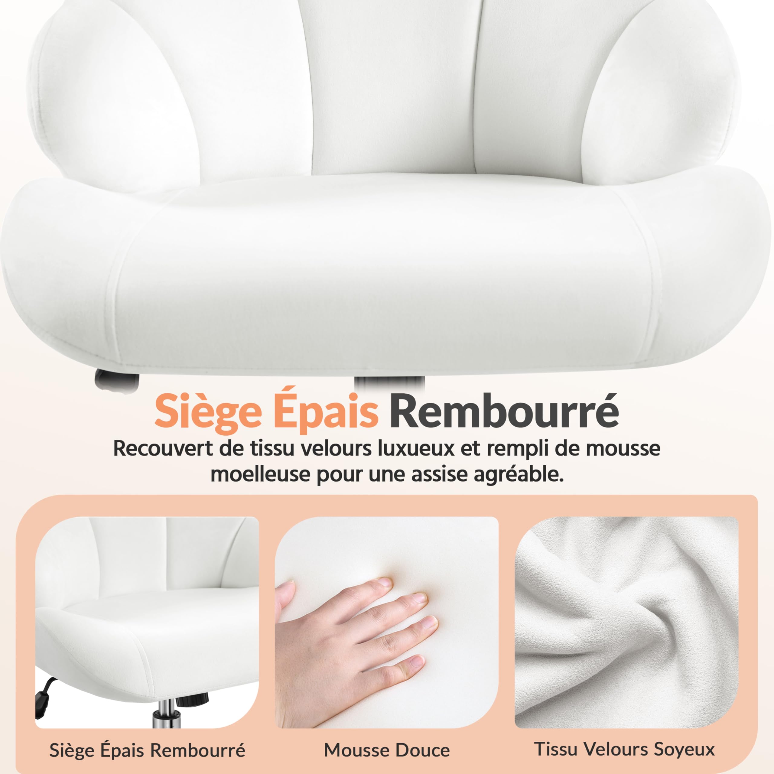 Yaheetech Chaise de Bureau Ergonomique Fauteuil Coquillage avec Dossier en Velours Réglable en Hauteur Chaise Pivotante Fauteuil Maquillage pour Bureau, Salon, Chambre Charge 136kg Blanc/Velours