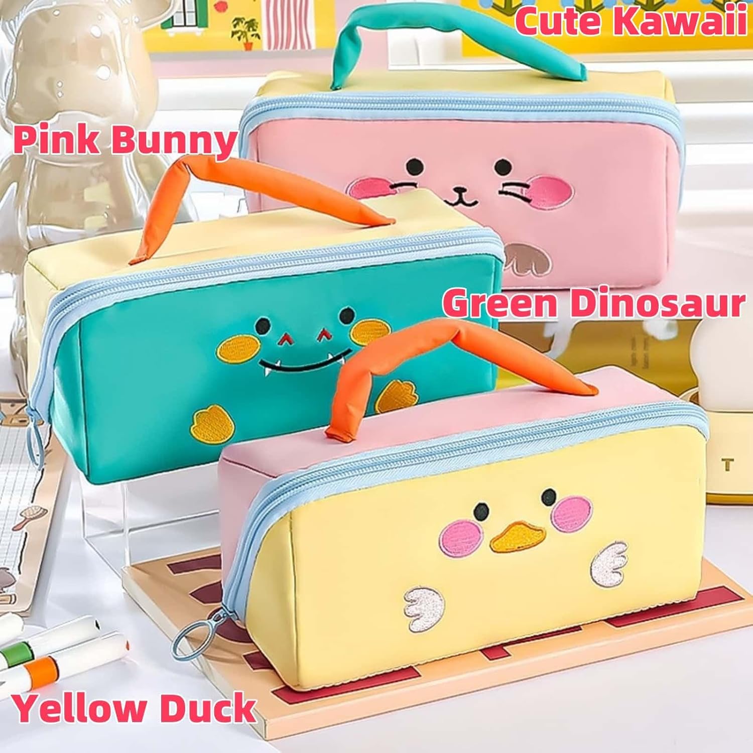 Cute Kawaii Pencil Case Pouch with Handle Cartoon Animal Large Capacity Pen Box Holder Organizer for Office Workspace Supplies Desk Accessories Travel Essentials Trendy Gift (Yellow Duck) - Image 2