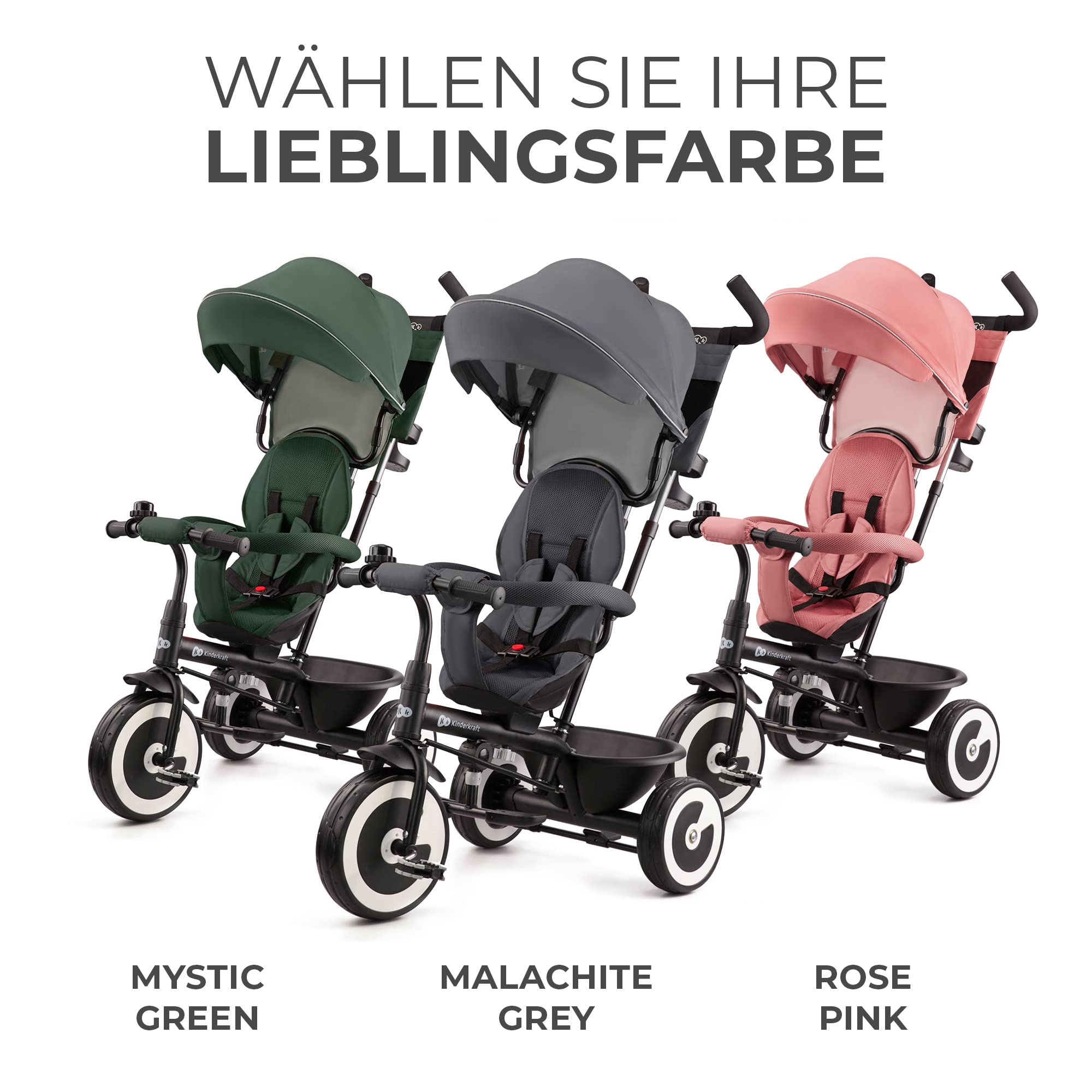 Kinderkraft Aston Dreirad ab 9 Monate bis 25 kg, Kinderdreirad mit schubstange, drehbarer Sitz Vorwärts und Rückwärtsfahrt, ausklappbarem Verdeck mit Sonnenschutz, Getränkehalter Korb im Set, Grün