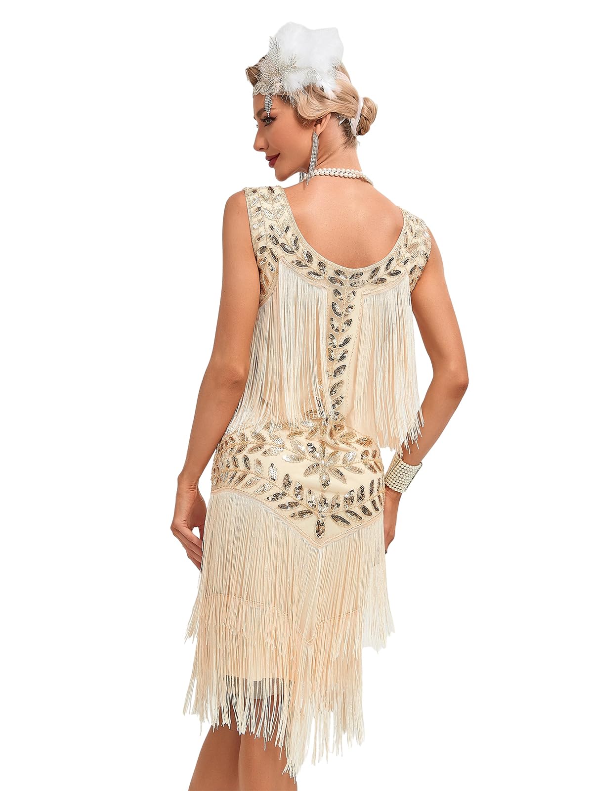 Viloree Robes Femme Flapper V Neck des années 1920 Perles frisées Grande Robe Gatsby