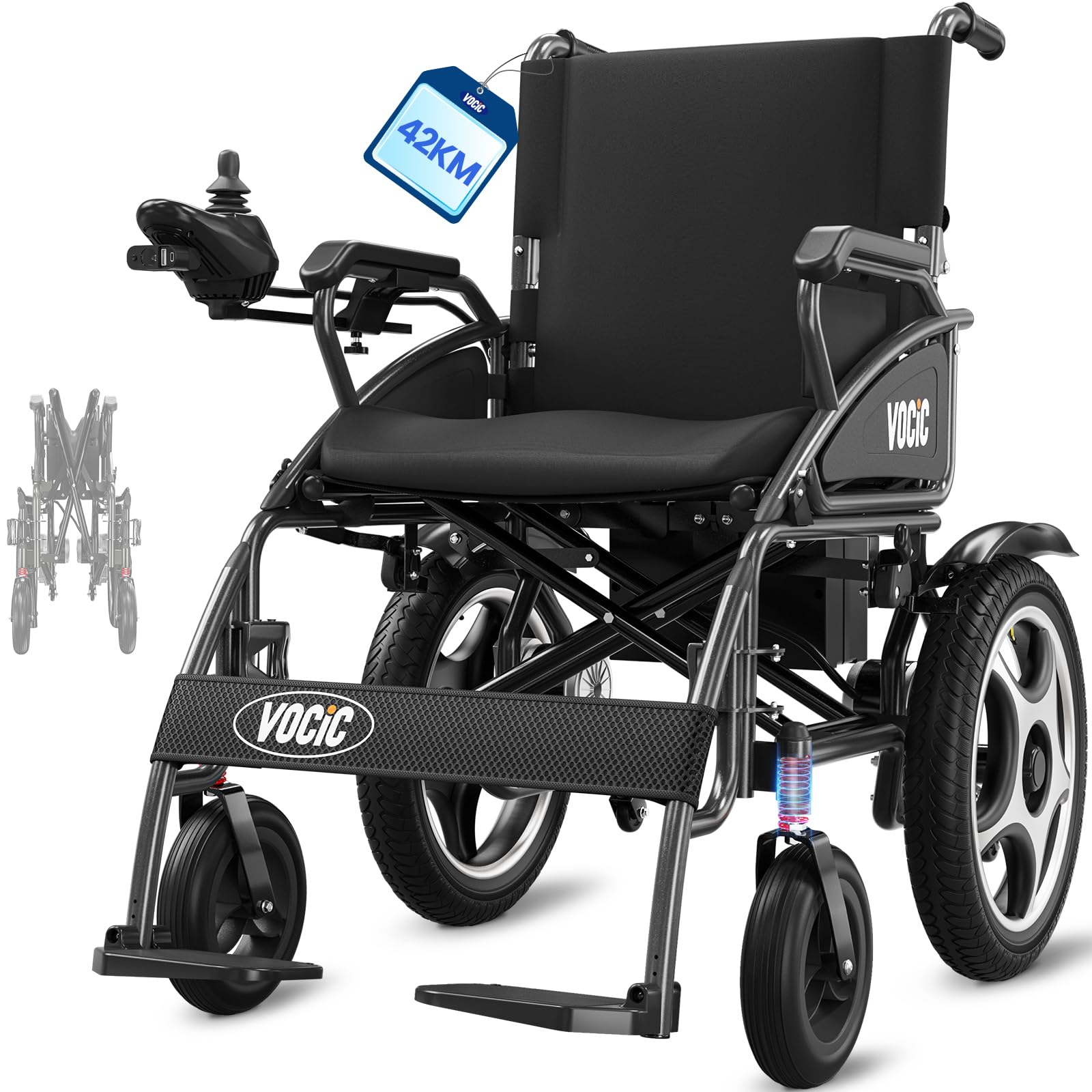 VOCIC V58 Sedia a rotelle elettrica, pieghevole, leggera, 42 chilometri | Sedia a rotelle elettrica, fino a 150 kg, con pneumatici in gomma per esterni, motore da 500 W, sedile 46 cm, grigio