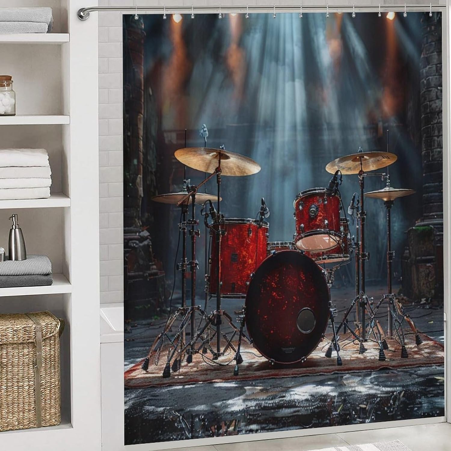 4Pcs Classic Drum Kit Shower Curtain Sets, Bath Mat and Rugs, Vintage Music Instrument Shower Curtain with Hooks for Bathroom