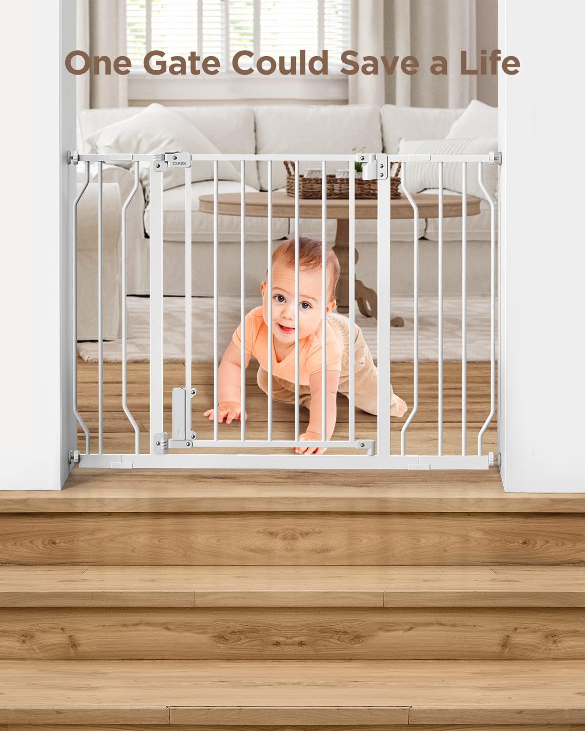 Ciays Baby Gate 29.5” to 45.3”, 30-in Height Extra Wide Dog Gate for Stairs, Doorways and House, Auto-Close Safety Metal Pet Gate for Dogs with Alarm, Pressure Mounted, White