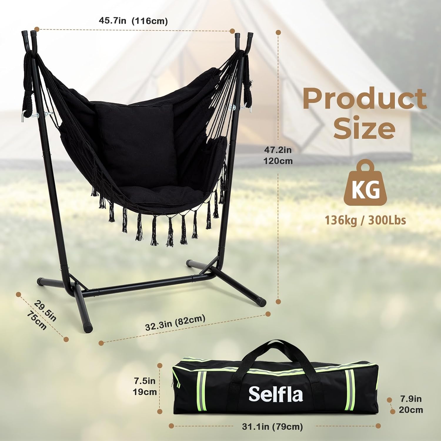 Portable Hammock Chair with Stand, Lightweight Travel Hammock Chair with Stand for Outside, 300 lbs Capacity, for Camping, Travel, Patio & Indoor Use, No Tools Needed, Includes Carrying Case