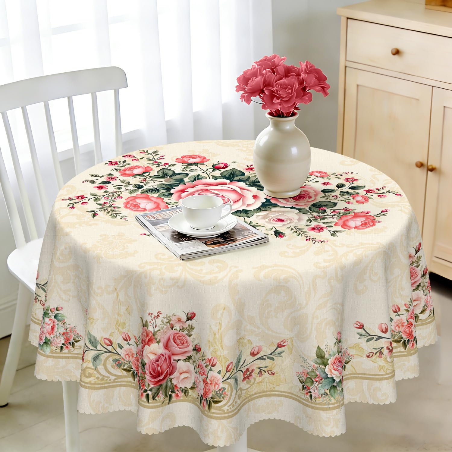iEvery Floral Round Tablecloth Wipe Clean 120cm, Wipeable Circular Table Cloth Waterproof Stain-Resistant Polyester Table Cover for 2-4 Seater Dining Kitchen Patio Garden Party Outdoor Home Decor