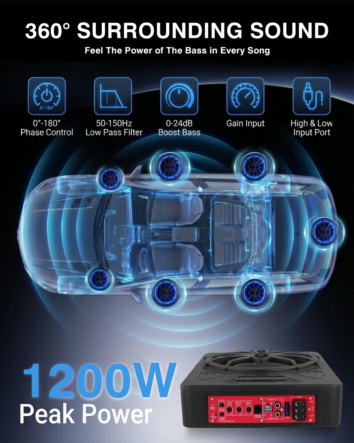 Subwoofer attivo per veicoli, progettato per essere posizionato sotto il sedile, 1200 W di potenza massima, driver da 10 pollici, con illuminazione ambientale blu, con amplificatore integrato