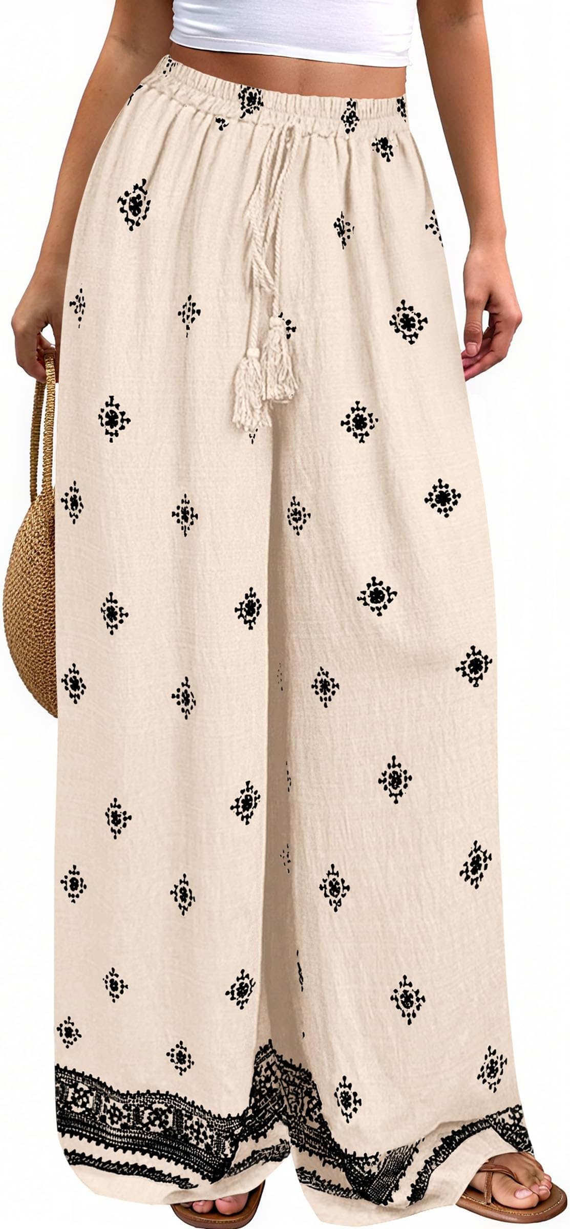 Women's Wide Leg Palazzo Pants 2026 Summer Boho Floral Trousers Spring Flowy Beach Vacation Clothes Resort Wear