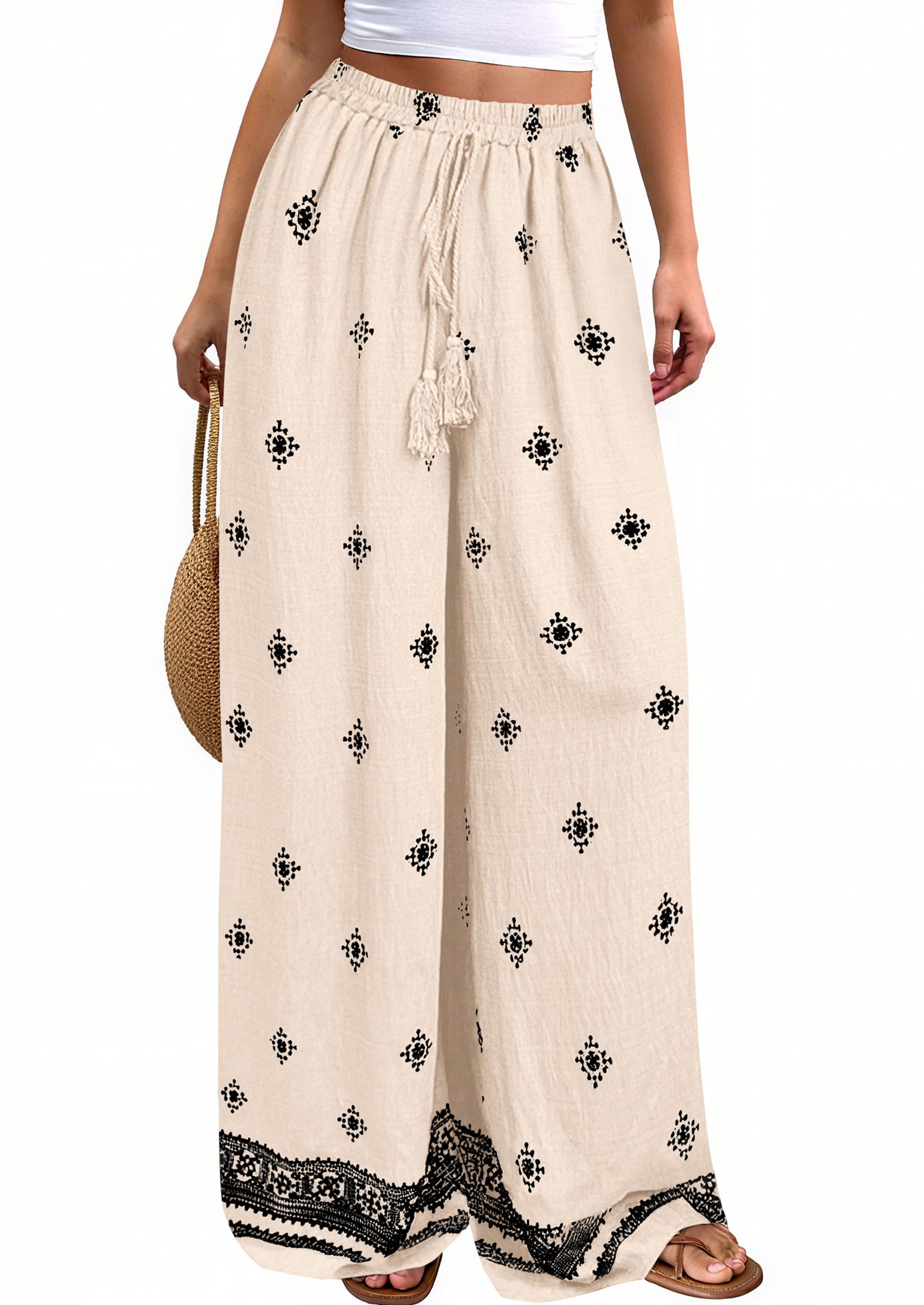 Women's Wide Leg Palazzo Pants 2026 Summer Boho Floral Trousers Spring Flowy Beach Vacation Clothes Resort Wear