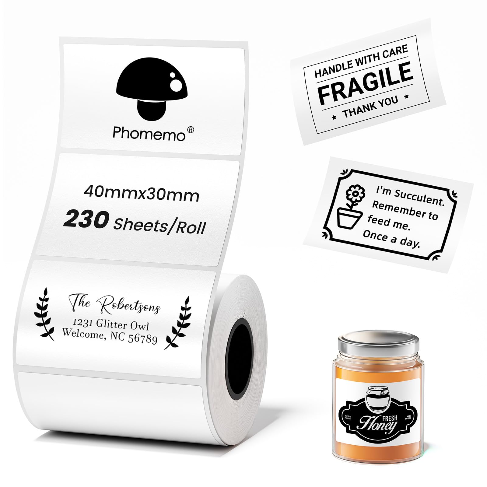 [230 pcs] Phomemo M110 Labels, 1.57'' x 1.18''(40x30mm), Original, Square, White, 230 Labels/Roll, Self-Adhesive Removable Thermal Label Compatible