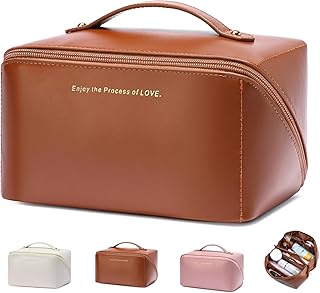 ZiMWoo Large Capacity Travel Cosmetic Bag, Makeup Bag, PU Leather Waterproof Make Up Bag, Travel Toiletry Bags for Women, Cosmetic Makeup Organizer Bag with Handle and Divider (Brown)