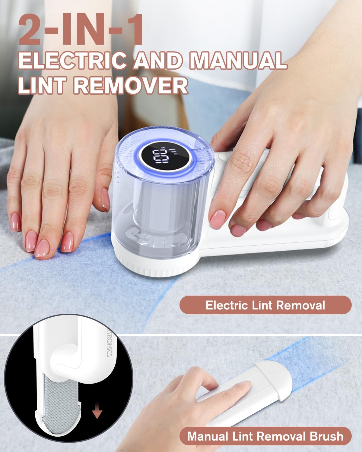 Homtronics Electric Lint Remover showing both electric and manual lint removal methods