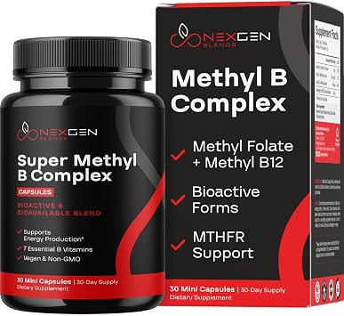 Methylated B Complex Vitamin Supplement - Bioactive Methyl B Complex with 5-MTHF Methyl Folate & B12 Methylcobalamin for Brain Heart Energy & Homocysteine Support - Super Vitamin B Complex 30 count