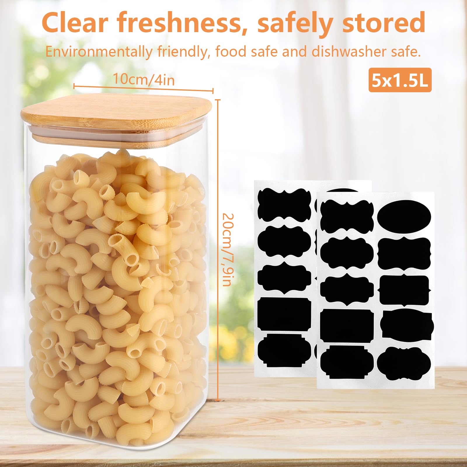 5 vasetti con coperchio, 1500 ml, contenitori ermetici in vetro con coperchio in bambù, barattoli per cereali e noci