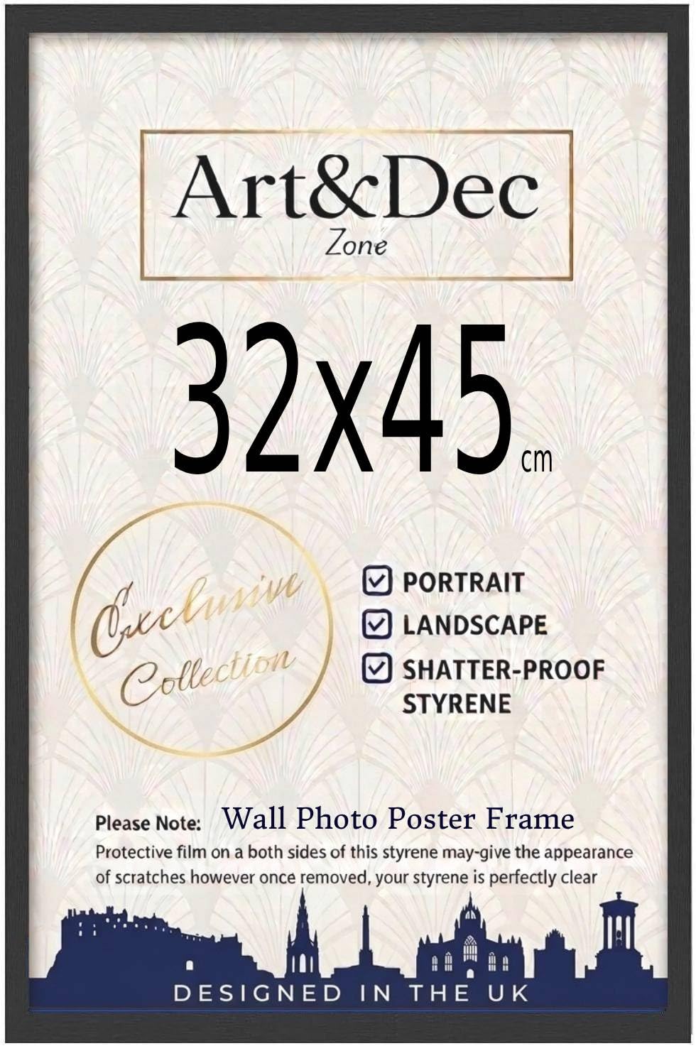 Art & Dec Zone® Modern Black Picture Frame 45x32 cm – MDF Wood Finish, High-Clarity Shatter-Proof Acrylic Cover for Posters and Artwork