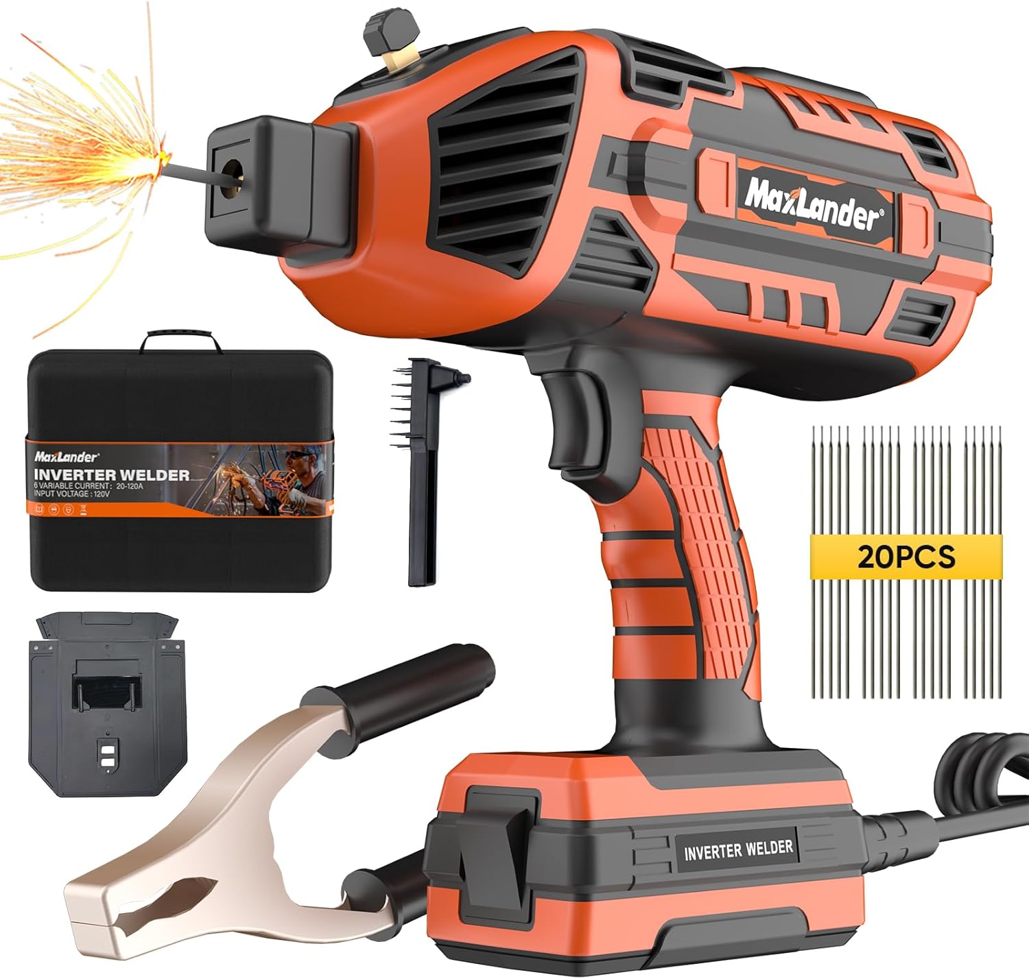 MAXLANDER Welding Machine Portable, 110V 120A Handheld ARC Welder with IGBT Inverter 5 Variable Current Adjustment, 20PCS Rods, Fits for 3/64"-1/8" Wire Rods