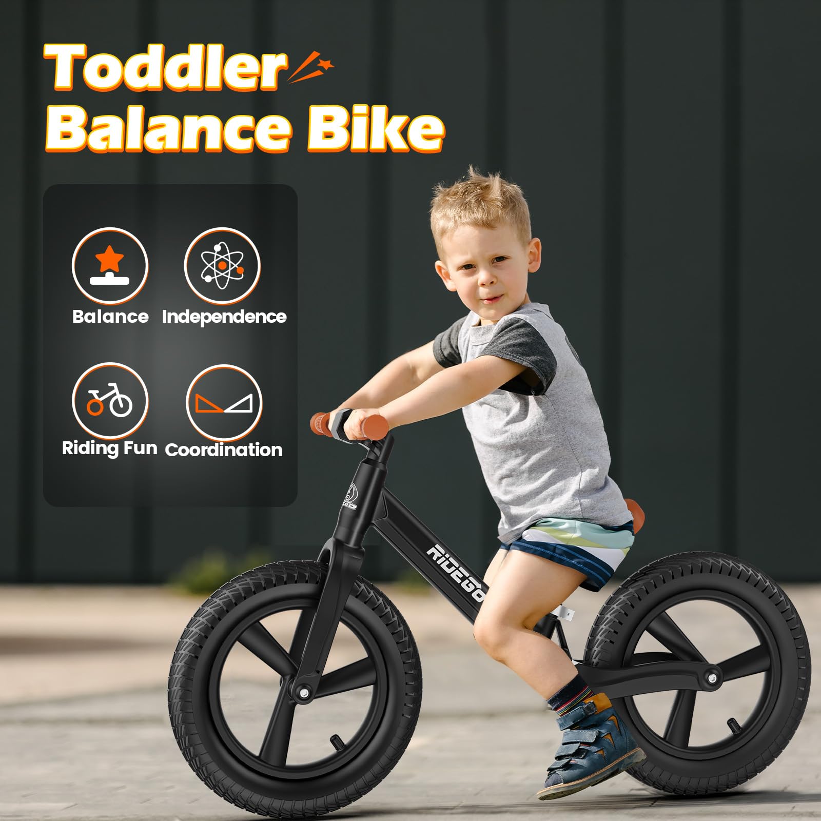 Ridego 12 or 14 Inch Balance Bike for Kids 2-6 Year Old,Lightweight Kids Bike with Adjustable Seat, Push Bicycle with Air Rubber Tires，Ride-on Toys Birthday Gift