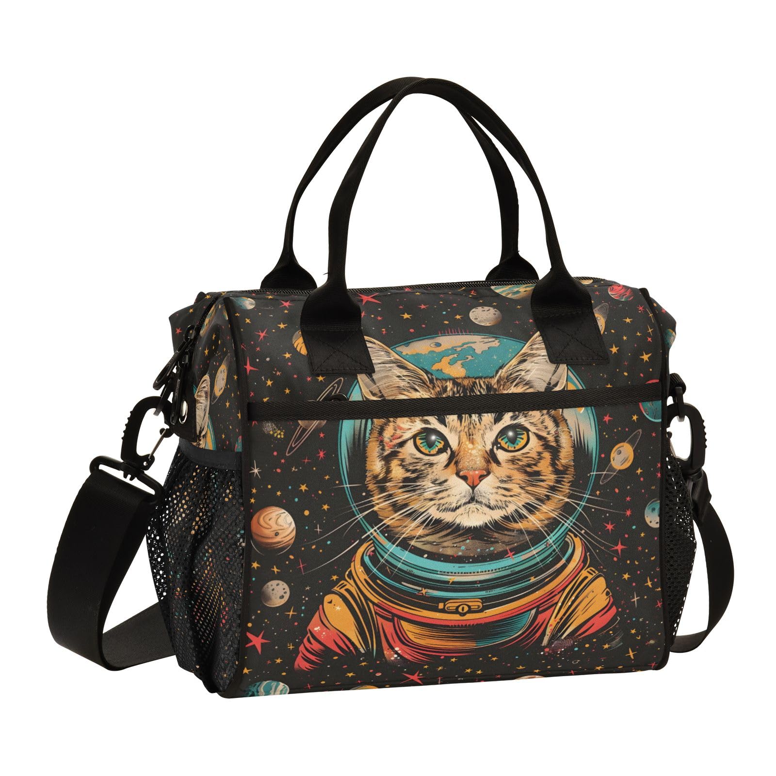 AEZODI Astronaut Cat Planet Large Insulated Lunch Bag for Office Work School Picnic Reusable Tote Bag, Medium, A05W23017