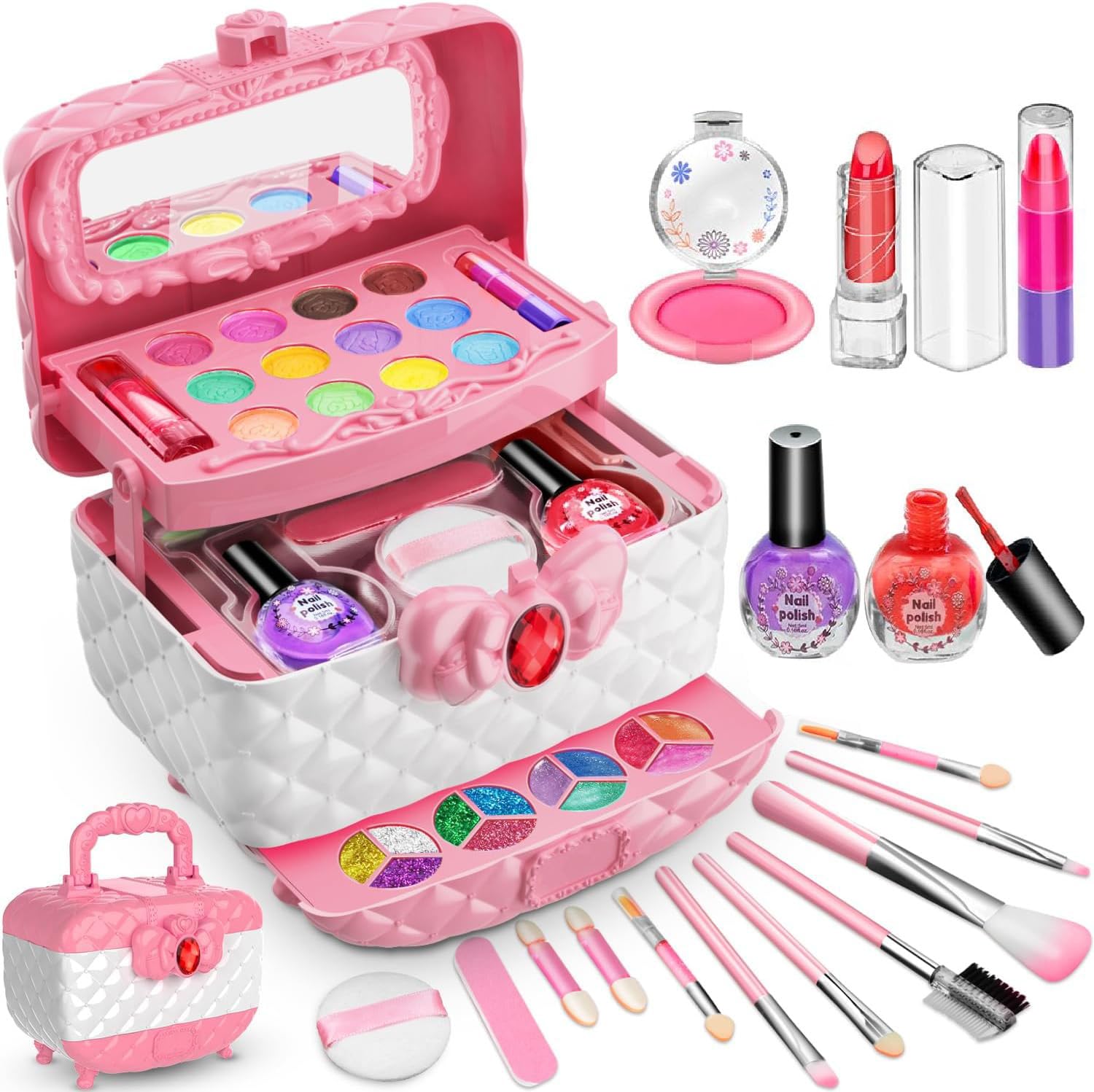 Moonmen Kids Makeup Kit for Girl, 41 Pcs Girl Toys Kids Makeup Set with Real Cosmetic, Washable Make Up Kit, Pretend Play Makeup Toys for 3 4 5 6 7 8 9 10 11 12 Years Old Kids Birthday Gifts (Pink-A)