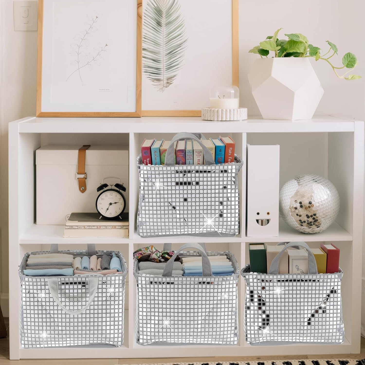 3 Pcs Disco Ball Storage Baskets 14x10 Inch Glitter Silver Foldable Fabric Storage Bin with Handle Decorative Closet Bins Organizer for Home Decor Office Laundry Countertop Tabletop Car