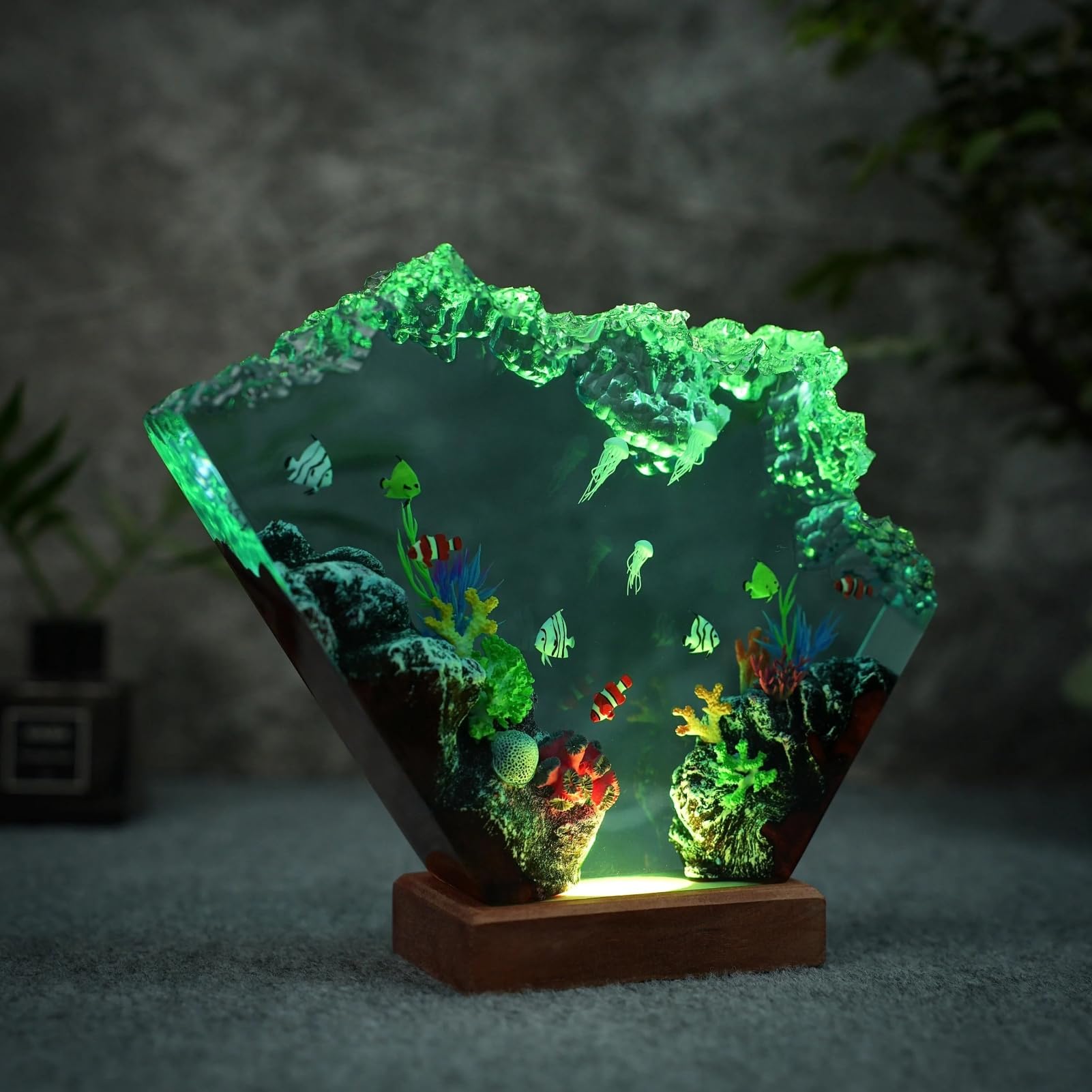 Drawelry Luce Notte Resina Epossidica Paesaggio Sottomarino 3D Artigianale, Decorazion Casa Base Legno, Mini Acquario Marino con Animali Marini Lampada per Cameretta Soggiorno Ufficio (A12)